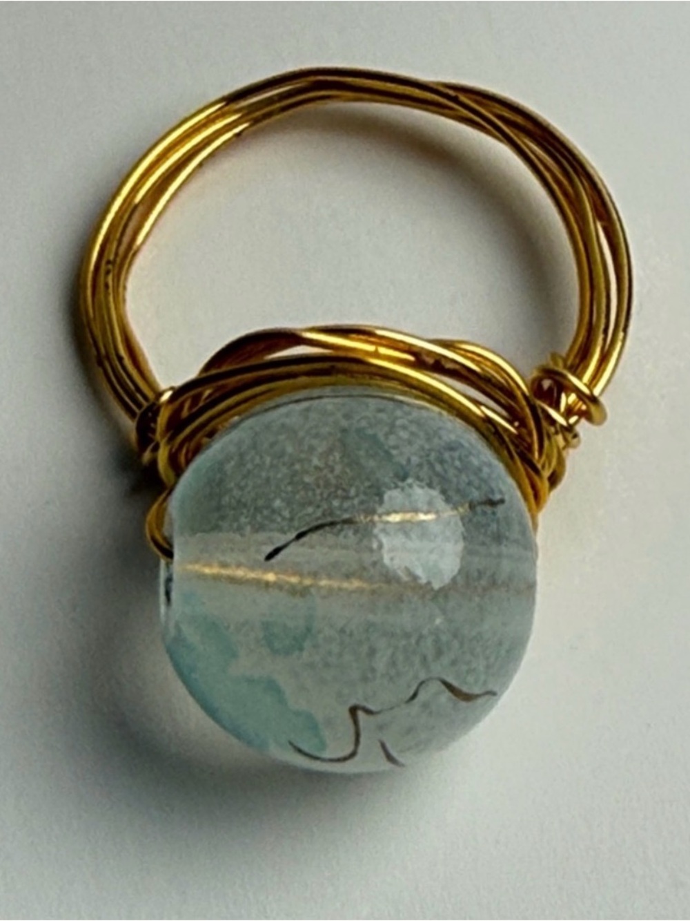 Artisan Gold Wire Wrapped Blue Sea Glass inspired beaded Ring Sz 5